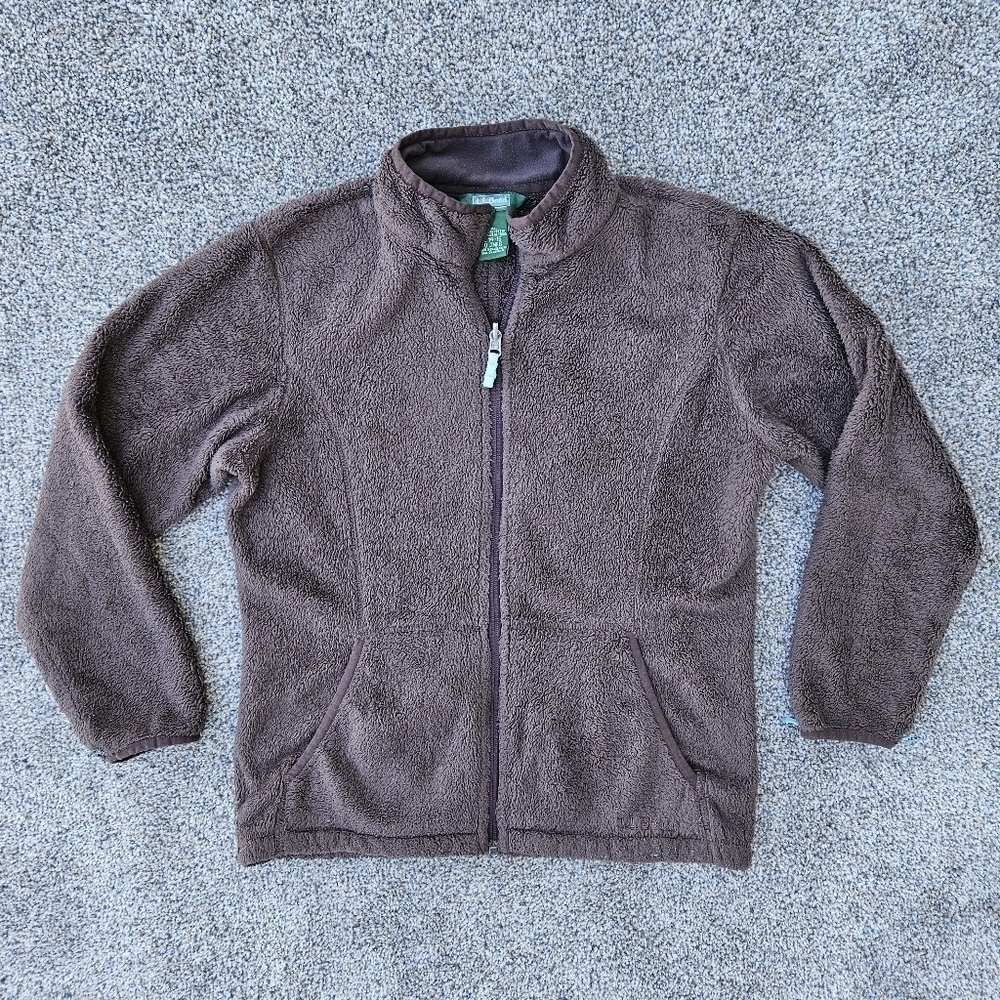 LL Bean Sherpa Fleece Brown Full Zip Jacket Sweatshirt Vintage Youth L 14-16